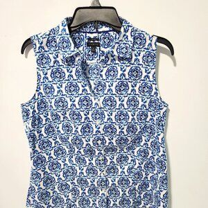 Talbots Sleeveless button down White Blue Medallion Cotton Blouse Top Size 12